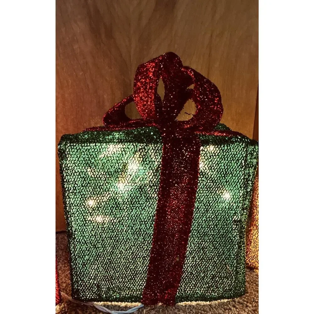 Three Mesh Collapsible Lighted Top Bows Wrapped Gifts Red, Grn Gold Christmas